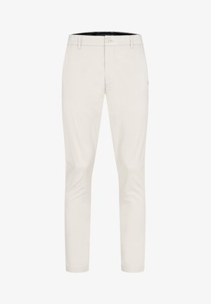 Pánske béžové chino nohavice s úzkym strihom, s pútkami na opasok, zapínaním na gombík a zips, zobrazené na bielom pozadí.
