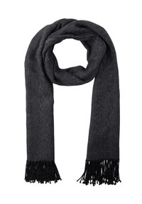 Écharpe noire à motif chevrons en tissu doux avec bords frangés. Présente un motif texturé pour un détail visuel supplémentaire.