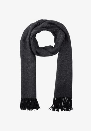 Černá šála s rybí kostí vyrobená z měkké látky s třásněmi na okrajích. Obsahuje texturovaný vzor pro lepší vizuální detail.