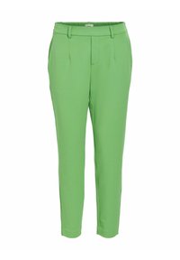 Pantalon vert sur mesure en tissu lisse, avec une coupe slim, une taille élastique et des plis sur le devant.