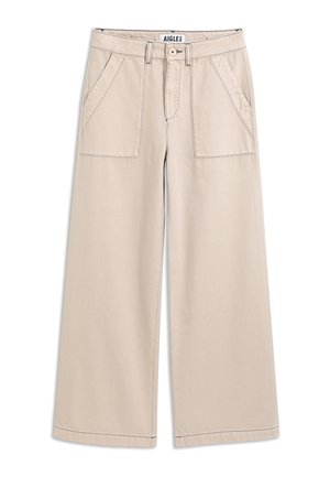 Beige wijde broek met hoge taille, voorzakken met klep, lussen voor een riem, knoopsluiting en opvallende stikseldetails.