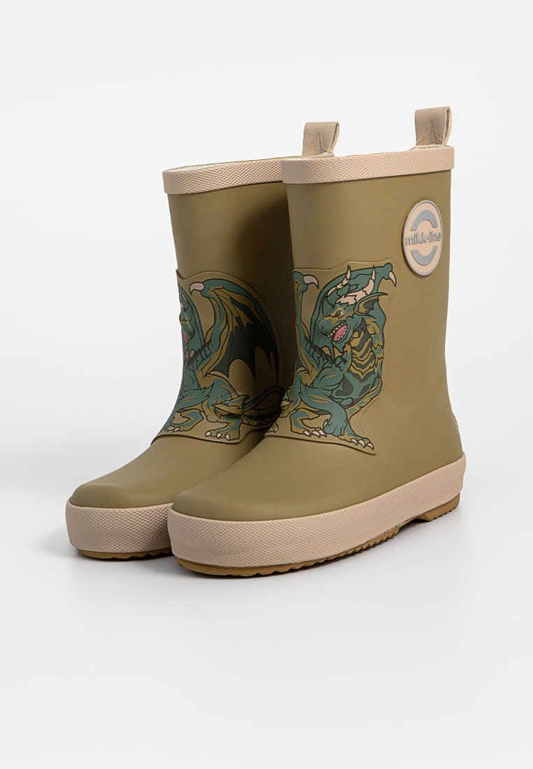 Groene waterdichte rubber laarzen met een draakgrafiek aan de buitenkant, beige accenten en gestructureerde, antislipzolen.