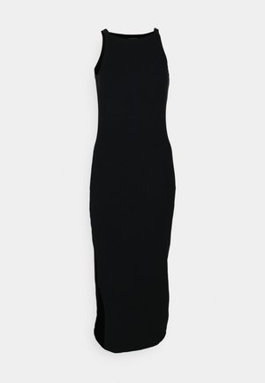 Abito maxi nero a costine con design senza maniche, caratterizzato da un collo alto e una fessura laterale per facilitare i movimenti.