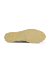 Scarpa espadrilla nera con una spessa suola in juta intrecciata, dotata di una suola esterna in gomma beige texture e una superficie superiore liscia e uniforme.