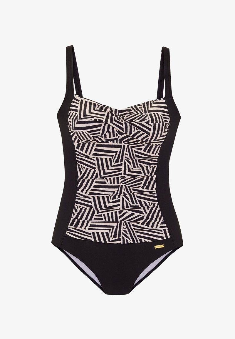 Črni enodelni kopalni kostim z vzorčnim sprednjim delom v belih in črnih geometrijskih oblikah, tankimi naramnicami in nabranim detajlom na prsih.