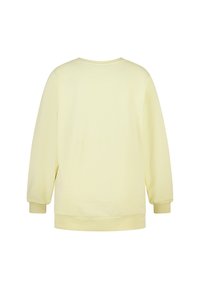 Gele trui met lange mouwen, geribbelde manchetten en een ronde hals. Zachte stof met een gladde textuur, uitgevoerd in een effen kleur zonder patronen.