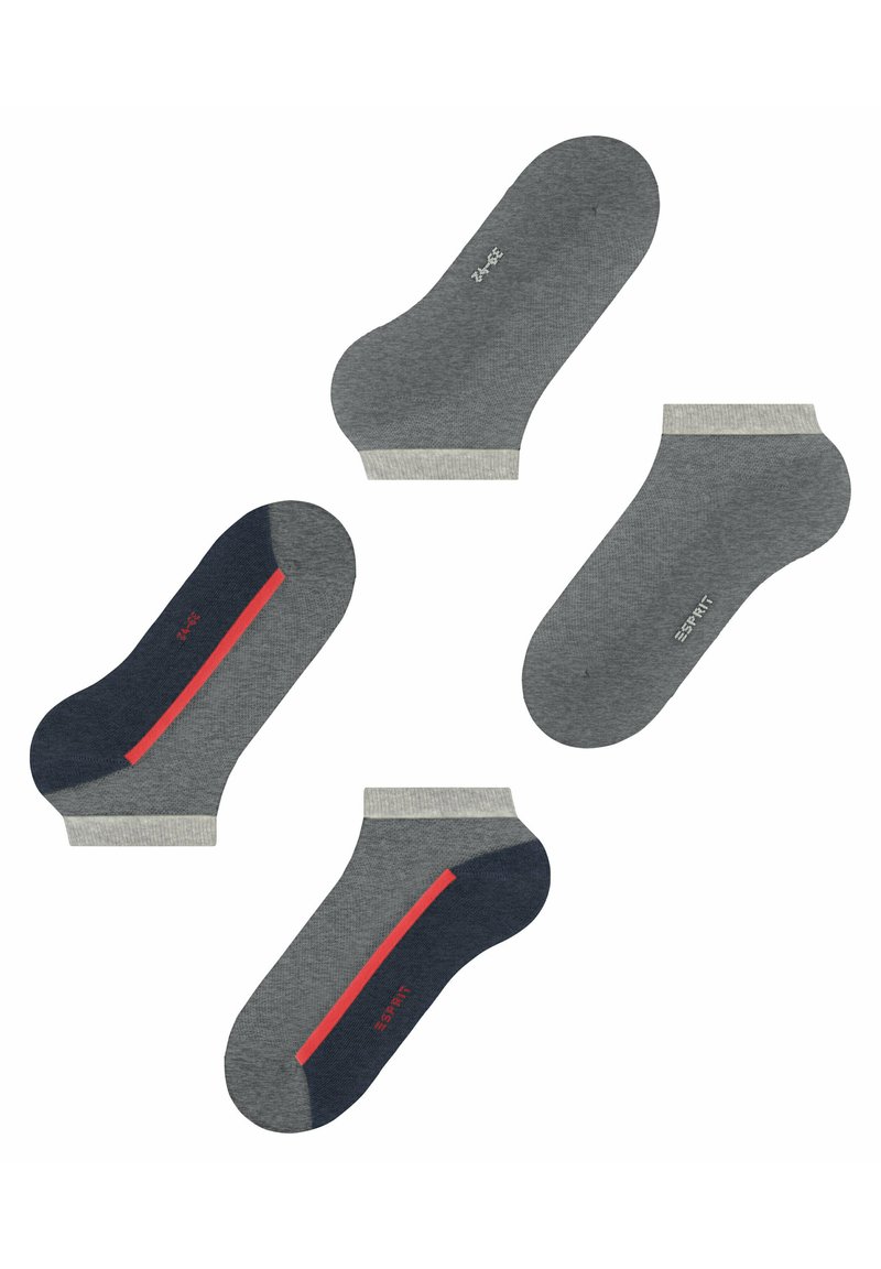 Knöchelsocken in Grautönen mit einem dunkelblauen Fersen- und Zehenbereich. Grauer Bund mit einem roten Akzentstreifen. Weiches Material mit glatter Textur.