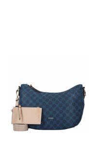 Navy blue shoulder bag with circular pattern, smooth texture, and contrasting beige cardholder with zip. Adjustable strap and logo detail.