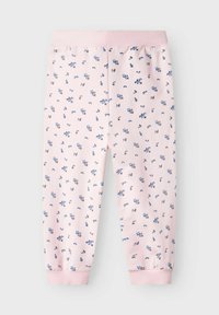 Lichtroze sweatpants met een zachte textuur, versierd met een kleine bloemenprint in het blauw. Elastische tailleband en boorden voor een comfortabele pasvorm.