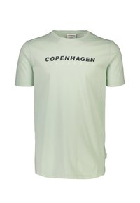 Vaaleanvihreä lyhythihainen t-paita, joka on valmistettu puuvillasta, ja jossa on tummalla printillä teksti "COPENHAGEN LINDENBERGH" etupuolella.