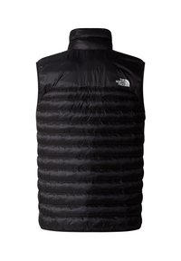 Zwarte puffer vest met hoge hals, voorzien van horizontale stiksels, lichtgewicht materiaal, logo op de bovenste linkerzijde en zonder mouwen voor optimale bewegingsvrijheid.