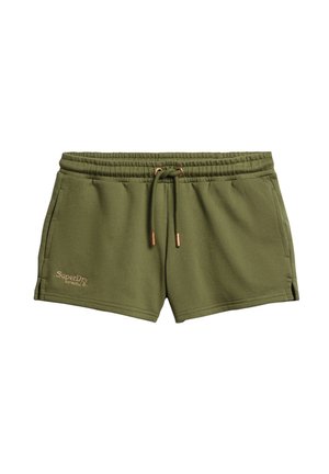 Shorts vert khaki en tissu doux. Dotés d'une taille élastique avec cordon de serrage, de poches latérales et d'un petit logo brodé.