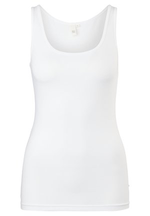Witte tanktop gemaakt van glad, rekbaar materiaal. Beschikt over een ronde halslijn en heeft geen versieringen. Klassiek mouwloos ontwerp.