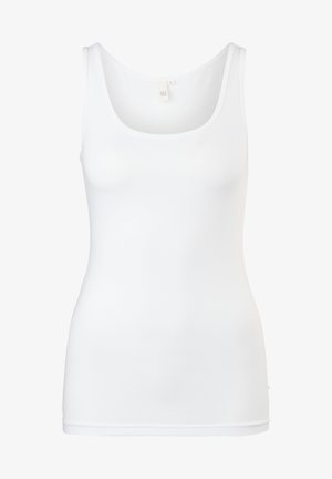 Débardeur blanc en tissu lisse et extensible. Présente un col rond et sans ornementation. Design classique sans manches.