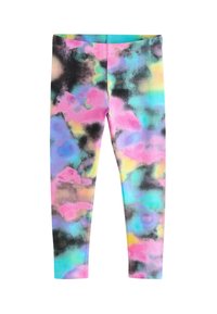 Bunte Leggings mit einem Batikmuster in Pink, Blau, Gelb und Schwarz. Hergestellt aus dehnbarem Stoff, geeignet für Sportbekleidung.