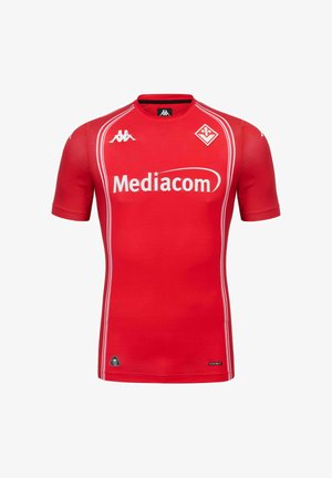 Maillot de sport rouge à manches courtes avec rayures blanches, logo du sponsor Mediacom, logos de la marque Kappa, et un emblème d'équipe en forme de losange sur la poitrine.
