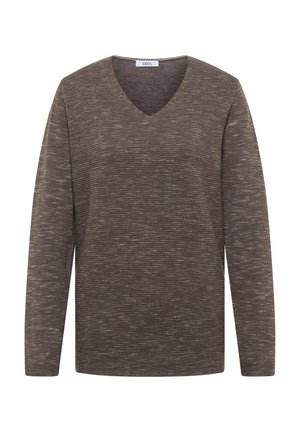 Ruskea V-painike neule, jossa on pitkät hihat. Ominaisuuksiin kuuluu ribbikuviointi ja hienovaraiset värivaihtelut, jotka antavat kevyen ilmeen. Brändilogo: CECIL.