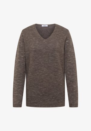 Maglione marrone a V con maniche lunghe. Presenta una texture a coste e leggere variazioni di colore per un aspetto leggero. Etichetta del marchio: CECIL.