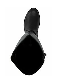 Bota de cuero negra hasta la rodilla con punta redonda y un acabado suave; cuenta con una cremallera lateral y un forro interior suave.