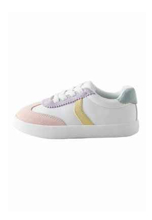 Sneaker with a white leather upper, pastel pink, purple, and yellow accents. Features a textured rubber sole and classic lace-up design.