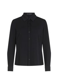 Black long-sleeve shirt made of soft fabric, featuring a button-up front, a classic collar, and buttoned cuffs with a slightly fitted design.