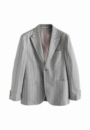 Hellgrauer Ein-Knopf-Blazer mit vertikalen Nadelstreifen, Revers mit Kerbung, drei Vordertaschen und goldenen Knöpfen an den Manschetten, gefüttertes Innenfutter sichtbar.