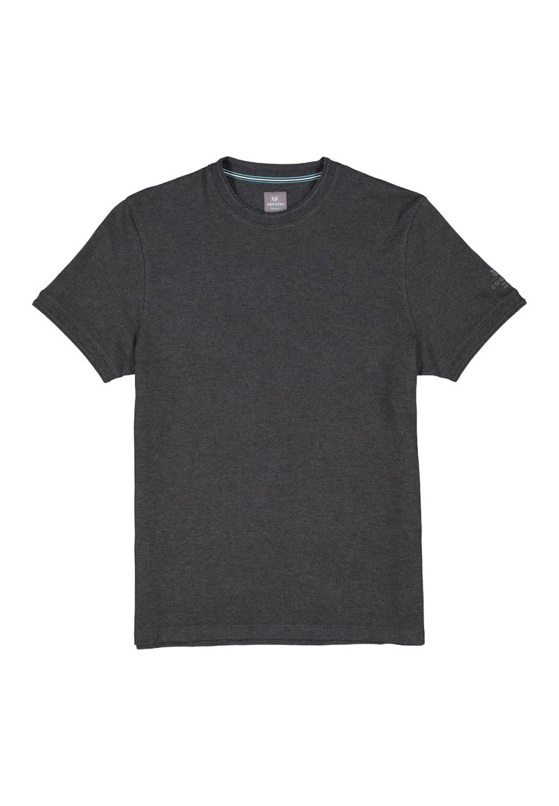 Kurzärmliges T-Shirt mit Rundhalsausschnitt aus dunkelgrauer Baumwolle. Verfügt über einen geraden Saum und eine subtile Textur sowie einem kontrastierenden Innenhalsdetail.