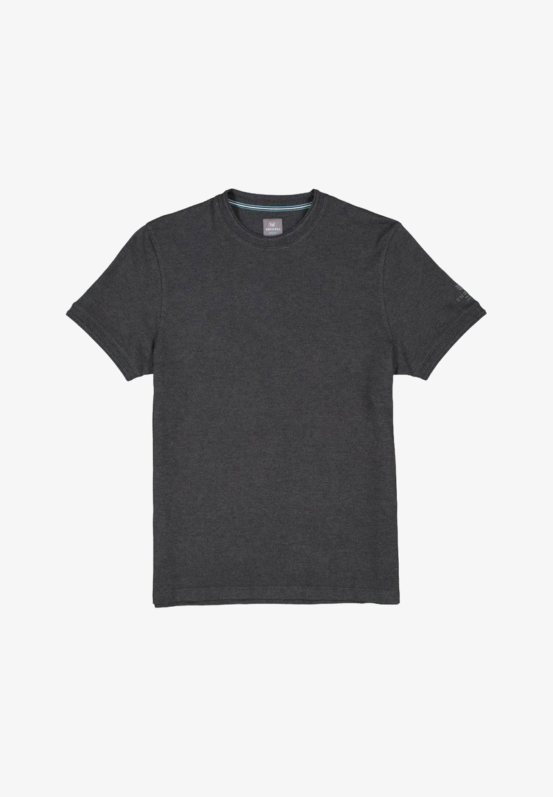 Kurzärmliges T-Shirt mit Rundhalsausschnitt aus dunkelgrauer Baumwolle. Verfügt über einen geraden Saum und eine subtile Textur sowie einem kontrastierenden Innenhalsdetail.