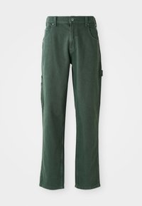 Green cargo pants made of cotton blend, featuring a straight-leg cut, pockets, and tonal stitching. Smooth texture with subtle sheen.