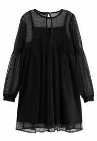 Černé šaty s nafouklými rukávy vyrobené z průhledné tkaniny s puntíky, s výstřihem do V a nařaseným pasem. Obsahují zapínání na knoflík na zádech.