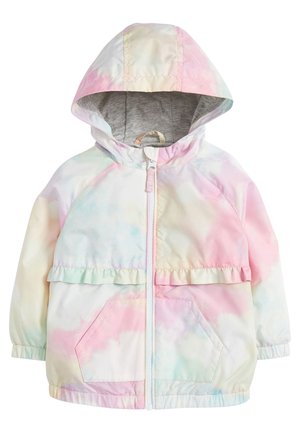 Dziecięca kurtka z kapturem na zamek błyskawiczny z pastelowym wzorem tie-dye, przednimi kieszeniami, elastycznymi mankietami i falbanką na wysokości klatki piersiowej.