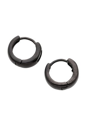 Pair of small, black, polished metal hoop earrings with a hinged clasp on a white background.
