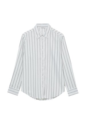 Chemise blanche à manches longues avec des rayures noires verticales, fermeture à boutons, col classique et ourlet arrondi. Tissu en mélange de coton.