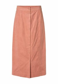 A knee-length, rose-colored skirt made of textured fabric featuring a front button closure and a straight cut design.