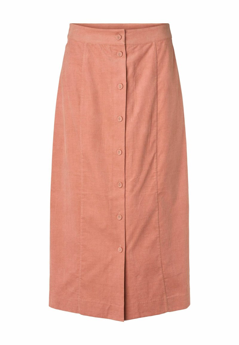 A knee-length, rose-colored skirt made of textured fabric featuring a front button closure and a straight cut design.