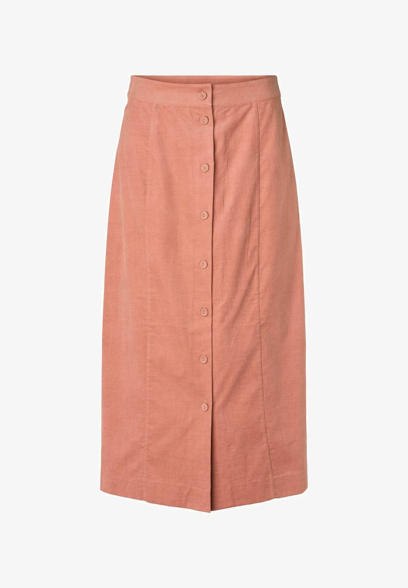 A knee-length, rose-colored skirt made of textured fabric featuring a front button closure and a straight cut design.