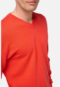 Pull à col en V de couleur orange vif, fabriqué en tissu doux, avec des manches longues et une coupe près du corps mettant en valeur le torse.