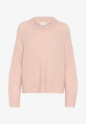 Svijetloružasti pleteni pulover s okruglim izrezom, spuštenim ramenima, rebrastim manžetama i rubom. Mekan materijal s ležernim krojem.