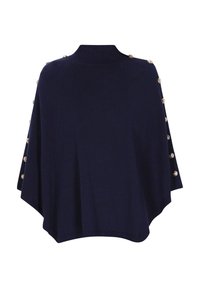 Pulover poncho bleumarin cu guler înalt și butoane laterale. Confecționat dintr-un material tricotat texturat, având un design fluid și hem rotunjit.