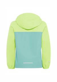 Chaqueta con capucha resistente al agua en un brillante color verde lima y azul claro. Presenta puños elásticos, detalles reflectantes y una textura suave.