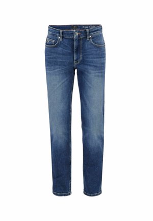 Blaue Denim-Jeans mit Ausbleichungen an den vorderen Oberschenkeln und Knien, fünf Taschen, Gürtelschlaufen und einem vorderen Knopf- und Reißverschluss.