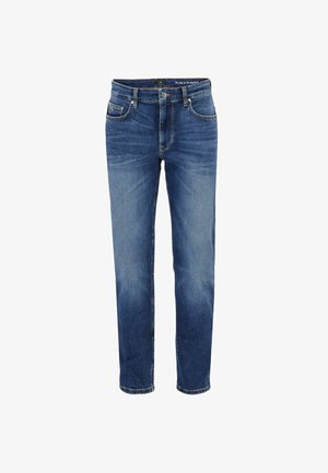 Blå denimjeans med falming foran på lårene og knæene, fem lommer, bæltestropper og lukning foran med knap og lynlås.