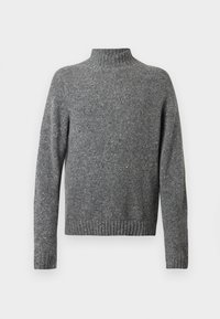 Grau gefleckter Strickpullover mit Stehkragen, langen Ärmeln und gerippten Bündchen sowie Saum.