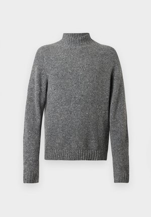 Pull en tricot gris moucheté avec un col montant, des manches longues et des poignets et un ourlet côtes.