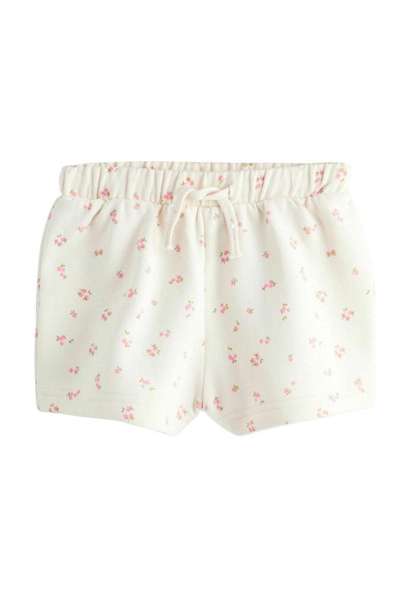 Pantalones cortos blancos con una textura suave, que presentan un estampado floral de pequeñas flores rosas, cinturilla elástica y detalle de cordón.