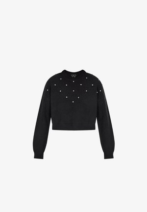 Schwarzer cropped Pullover mit strukturiertem Strickdesign, versehen mit verstreuten Kunstperlen auf der oberen Front und langen Ärmeln mit gerippten Bündchen.