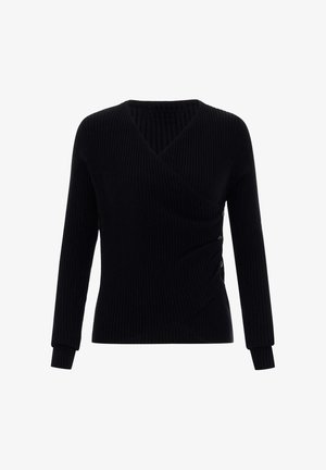 Čierny rebrovaný úpletový sveter v štýle zaväzovania s dlhými rukávmi a detailmi bočných gombíkov na bielom pozadí.