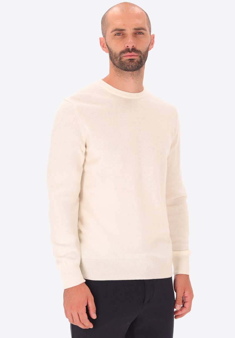 Uomo con barba e testa rasata che indossa un maglione a maniche lunghe color crema e pantaloni scuri, in piedi contro uno sfondo chiaro e uniforme.