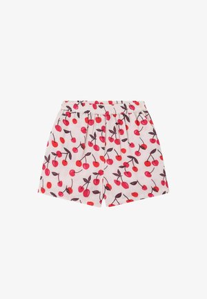 Witte shorts met elastische taille en een all-over patroon van rode kersen en bruine stelen, casual stijl.