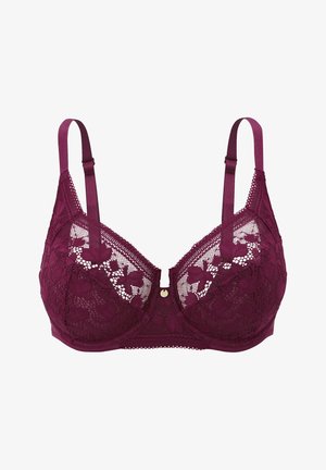 Sujetador de encaje burdeos con patrones florales transparentes, copas acolchadas y tirantes de satén ajustables. Presenta un detalle de herrajes en tono dorado en el centro.